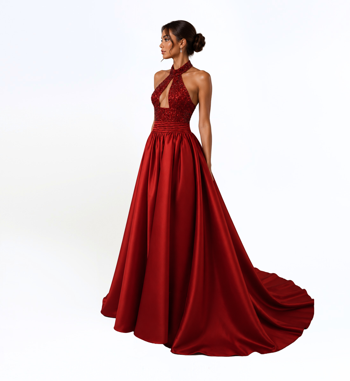 CRIMSON HALTER BALL GOWN