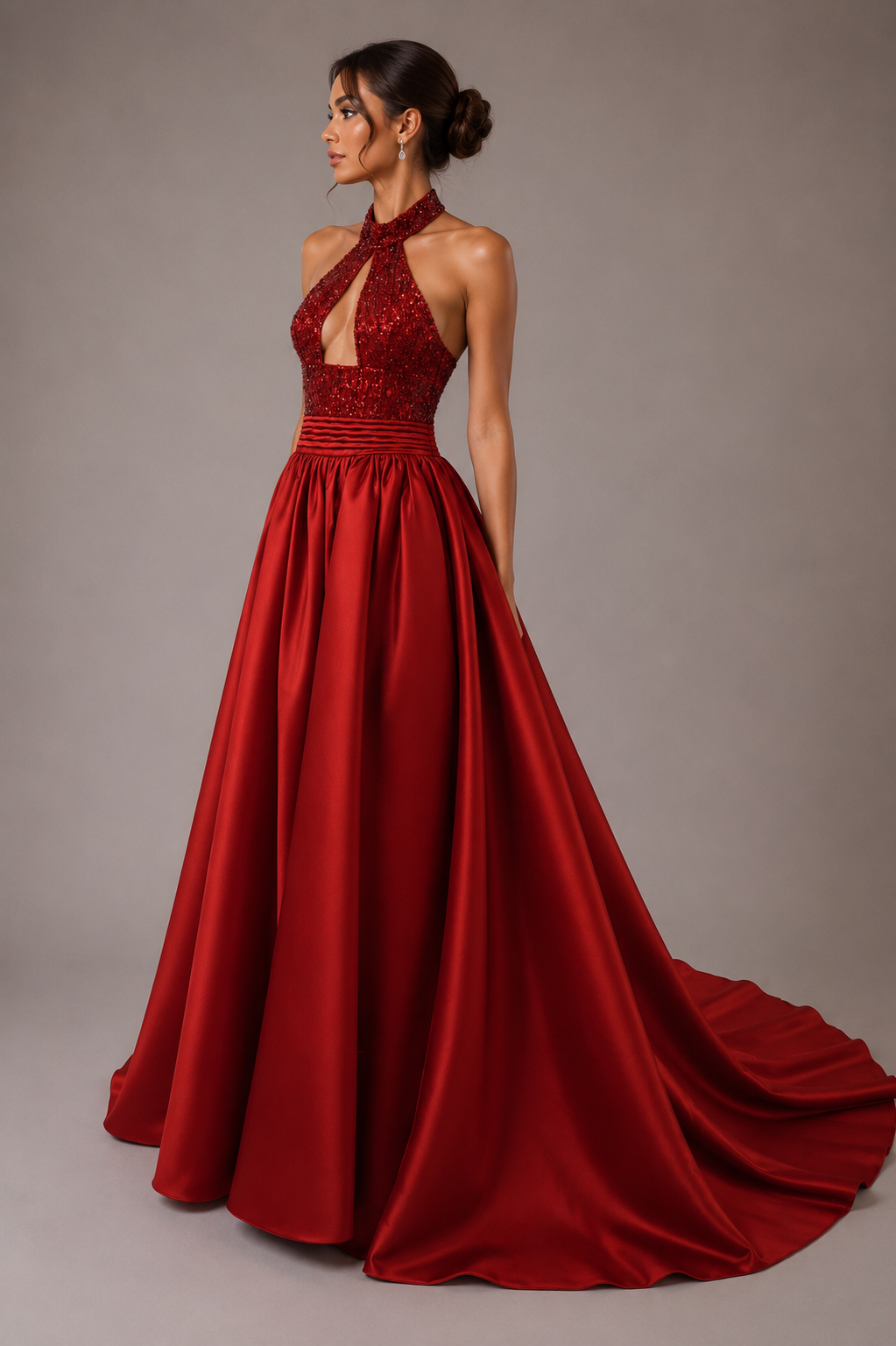CRIMSON HALTER BALL GOWN