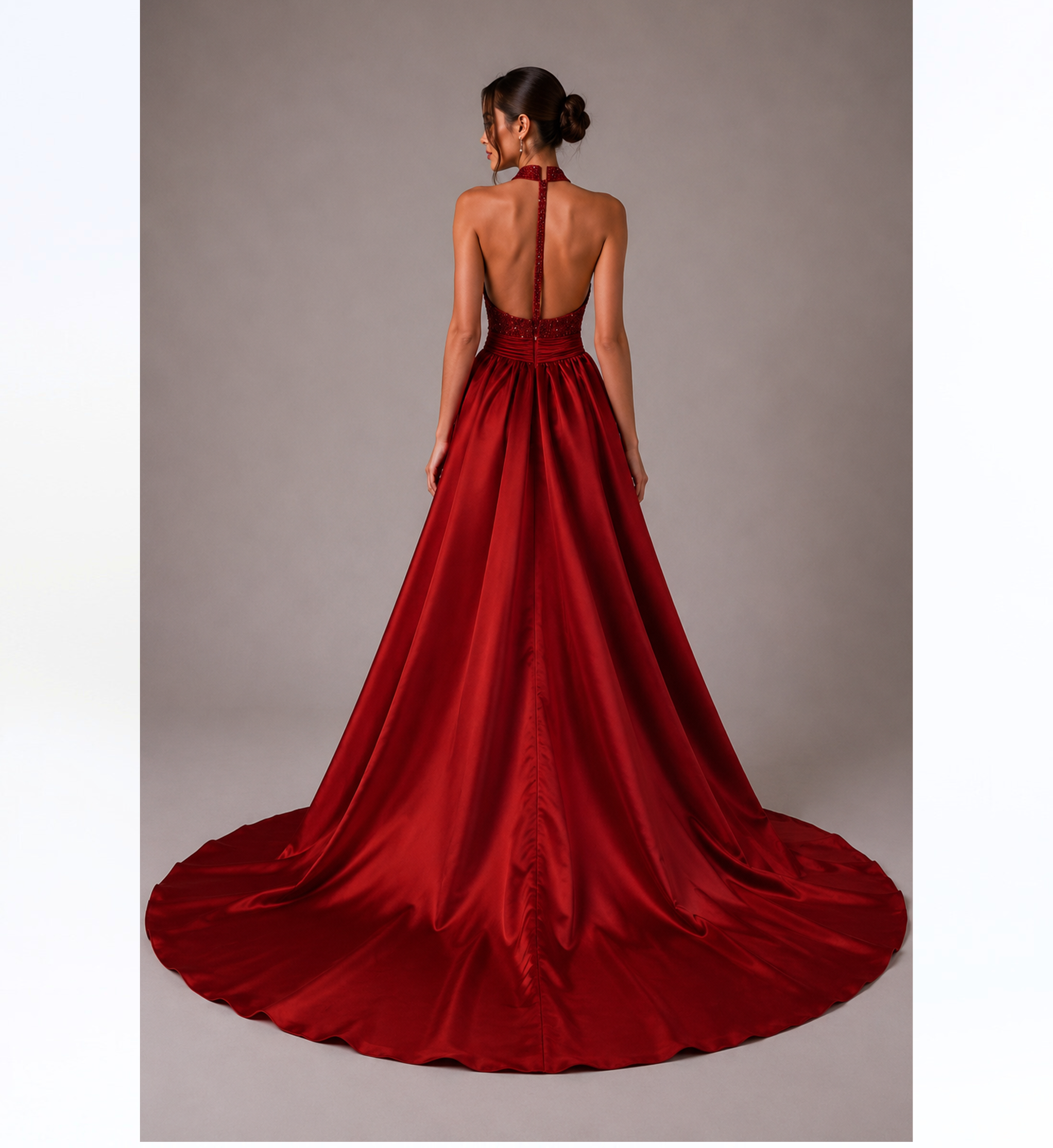 CRIMSON HALTER BALL GOWN
