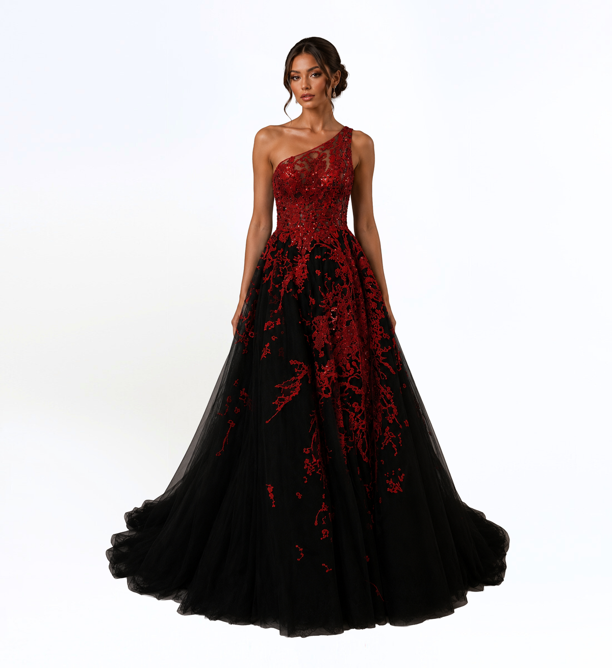 BLACK AND CRIMSON ONE SHOULDER BALL GOWN