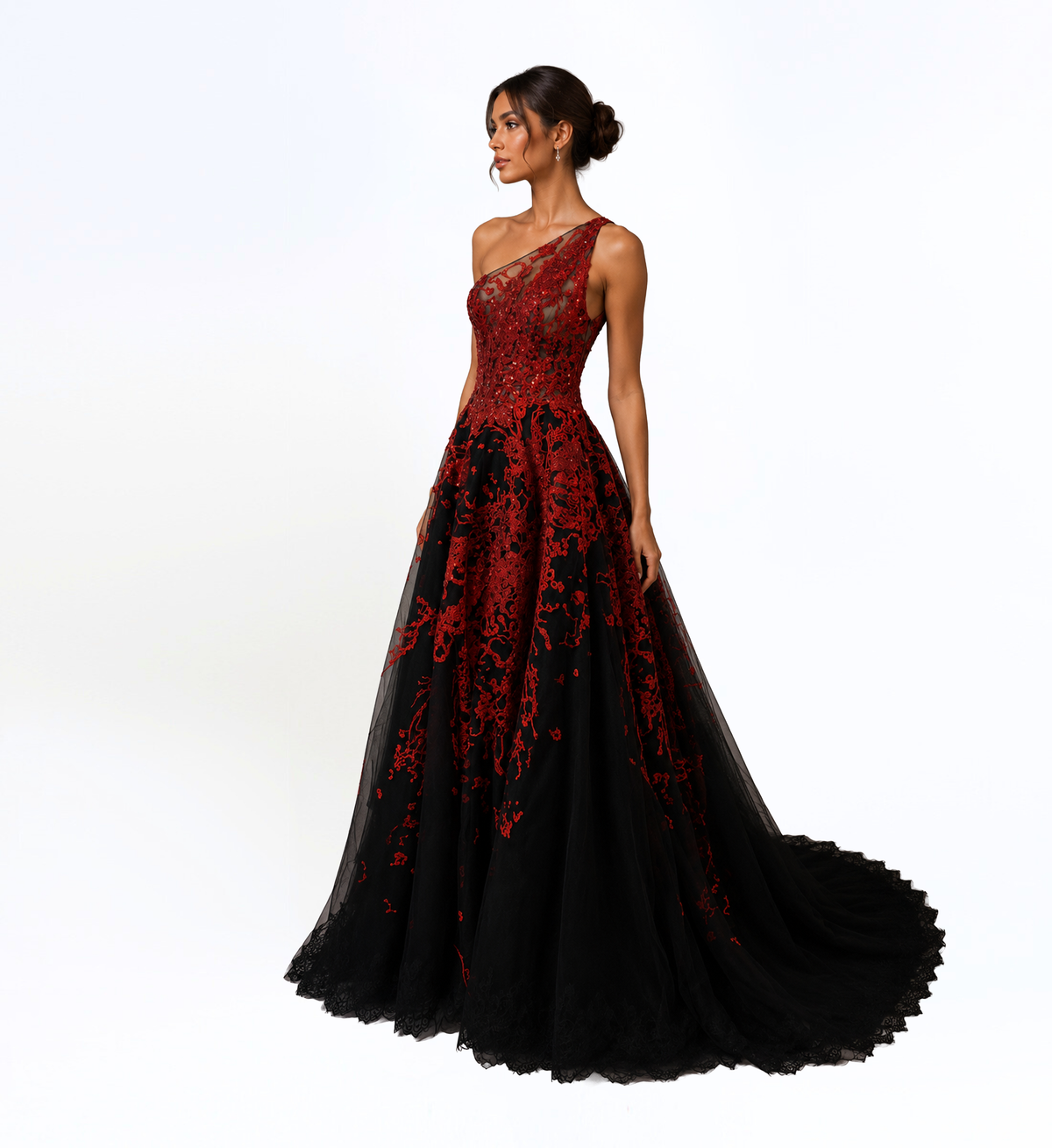 BLACK AND CRIMSON ONE SHOULDER BALL GOWN