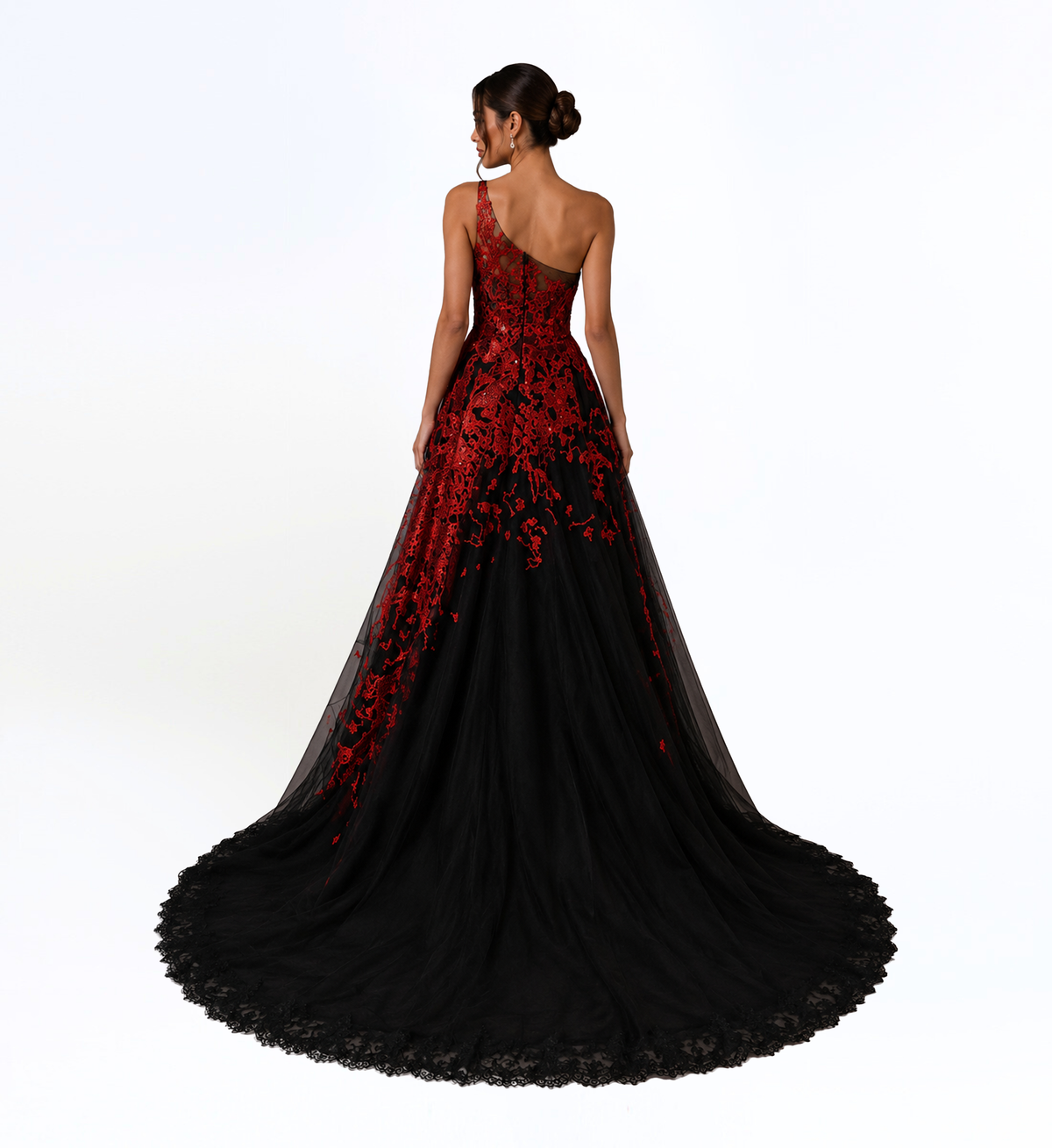 BLACK AND CRIMSON ONE SHOULDER BALL GOWN