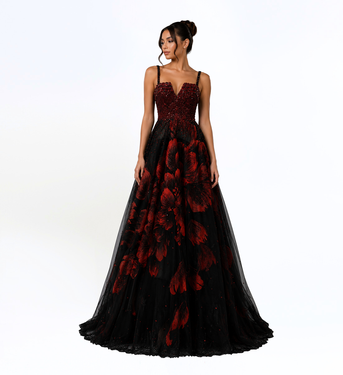 BLACK AND CRIMSON FLORAL BALL GOWN