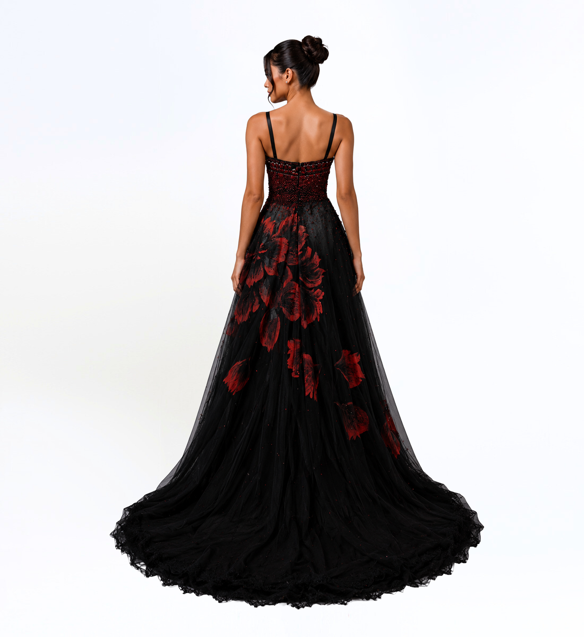 BLACK AND CRIMSON FLORAL BALL GOWN