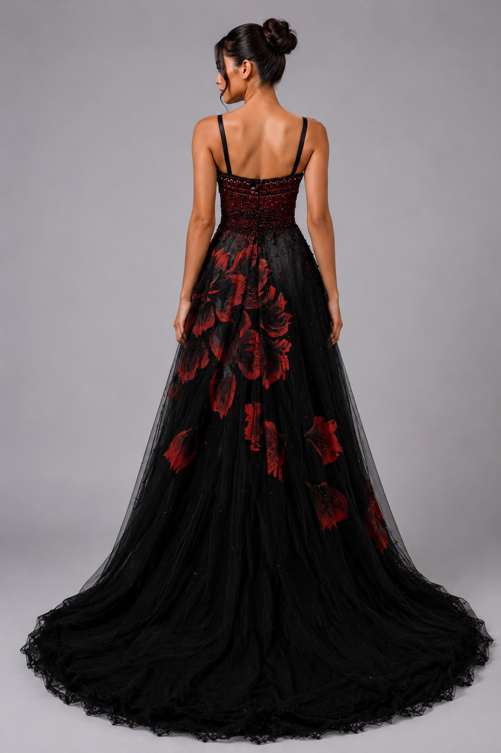 BLACK AND CRIMSON FLORAL BALL GOWN