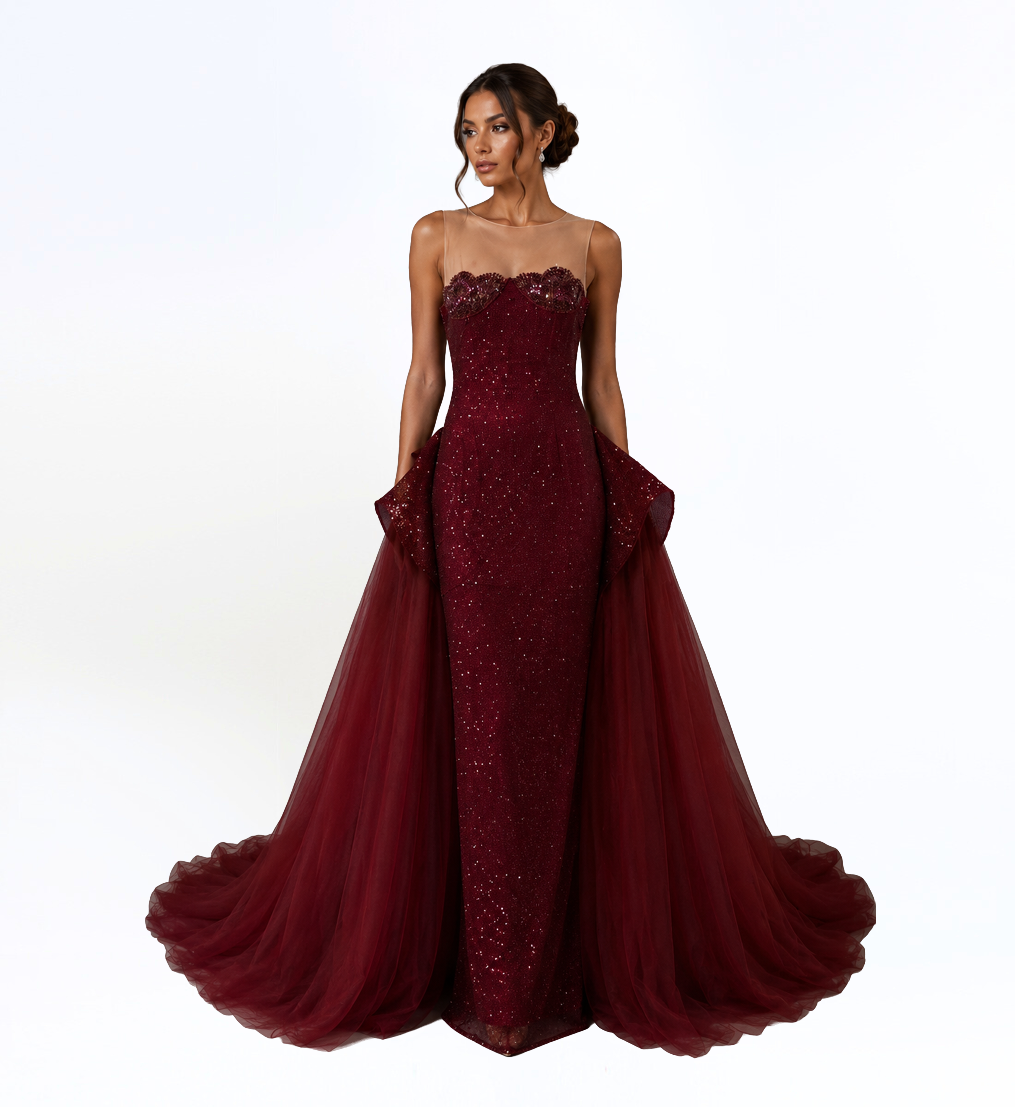 BURGUNDY ILLUSION SEQUIN GOWN WITH TULLE OVERSKIRT