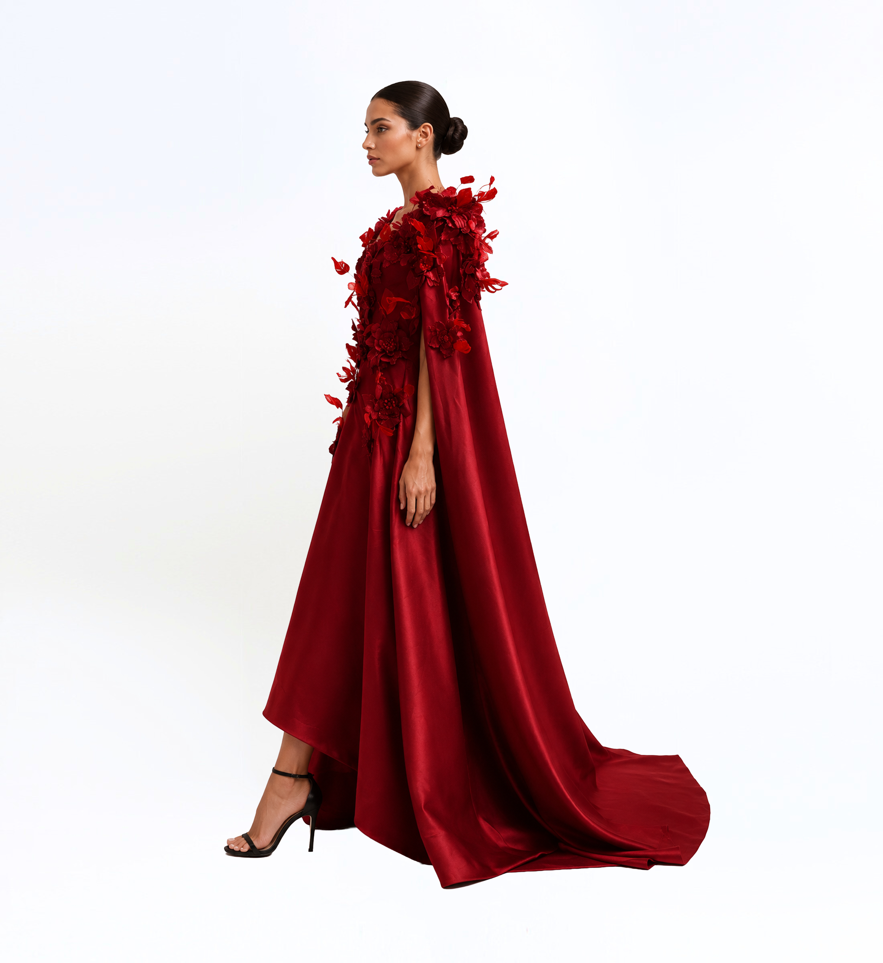 3D Flower Appliques Long Dress With Cape