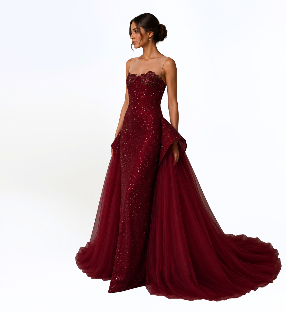 BURGUNDY ILLUSION SEQUIN GOWN WITH TULLE OVERSKIRT