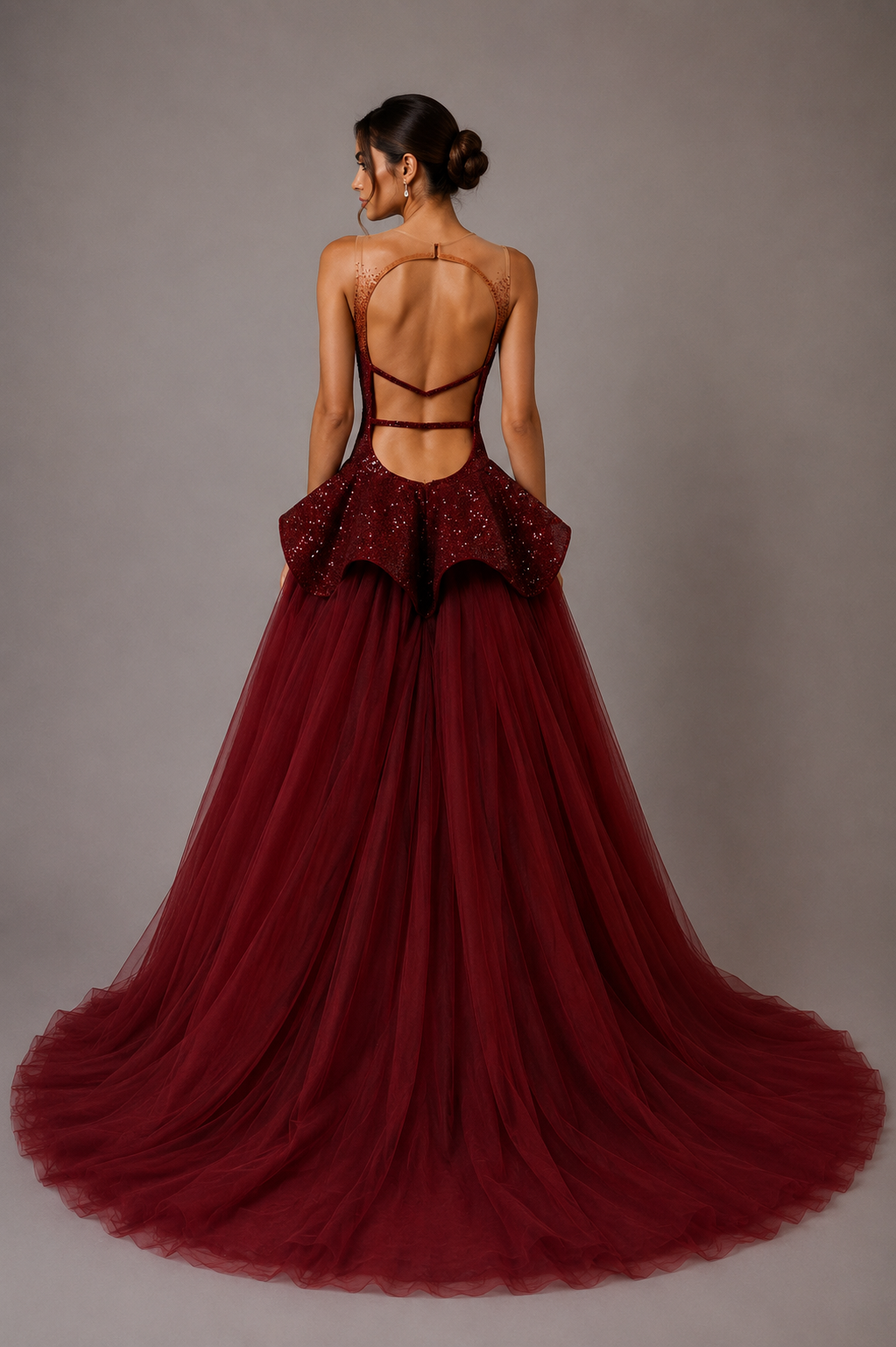 BURGUNDY ILLUSION SEQUIN GOWN WITH TULLE OVERSKIRT