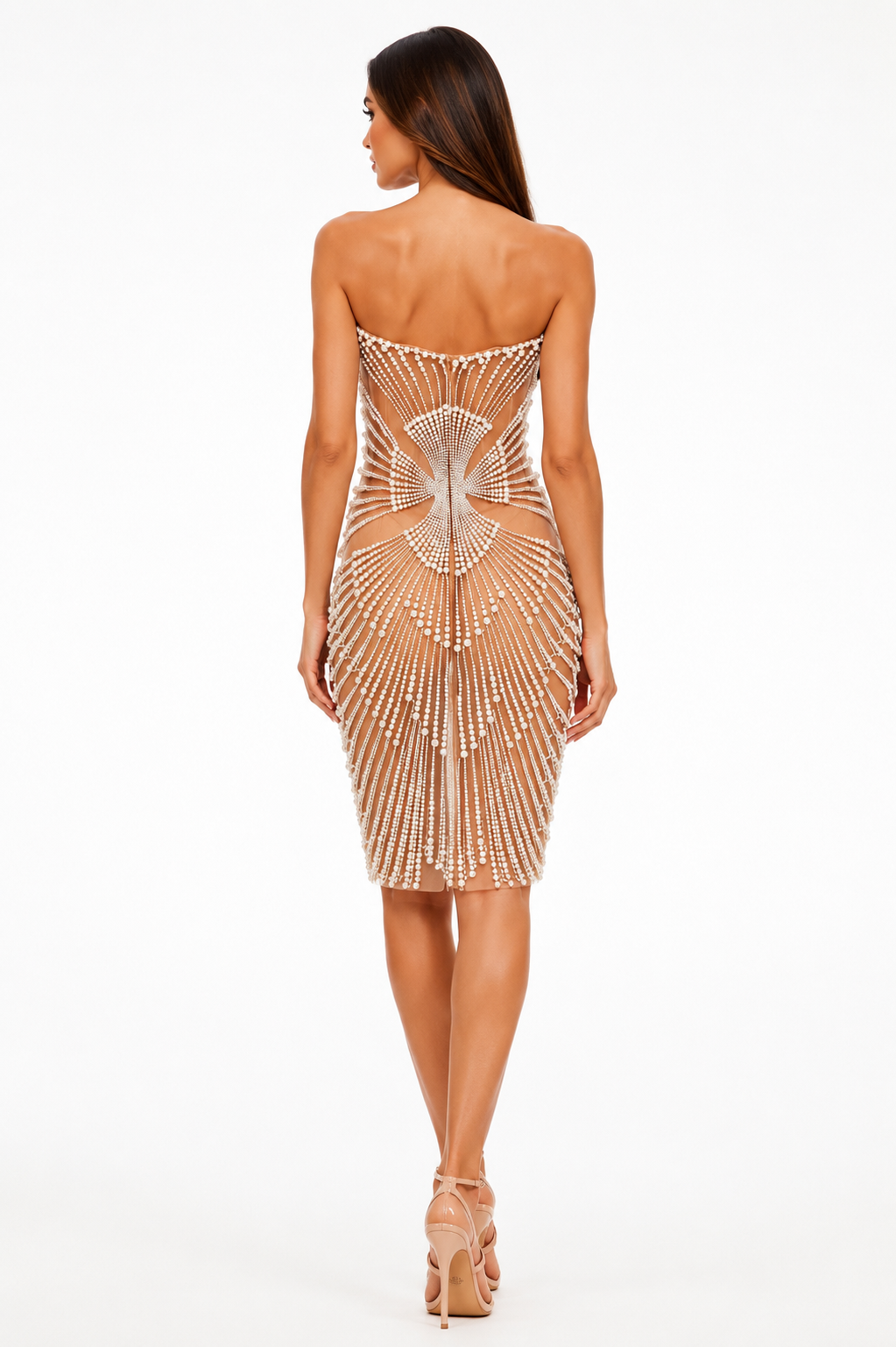 NUDE STRAPLESS PEARL MIDI DRESS