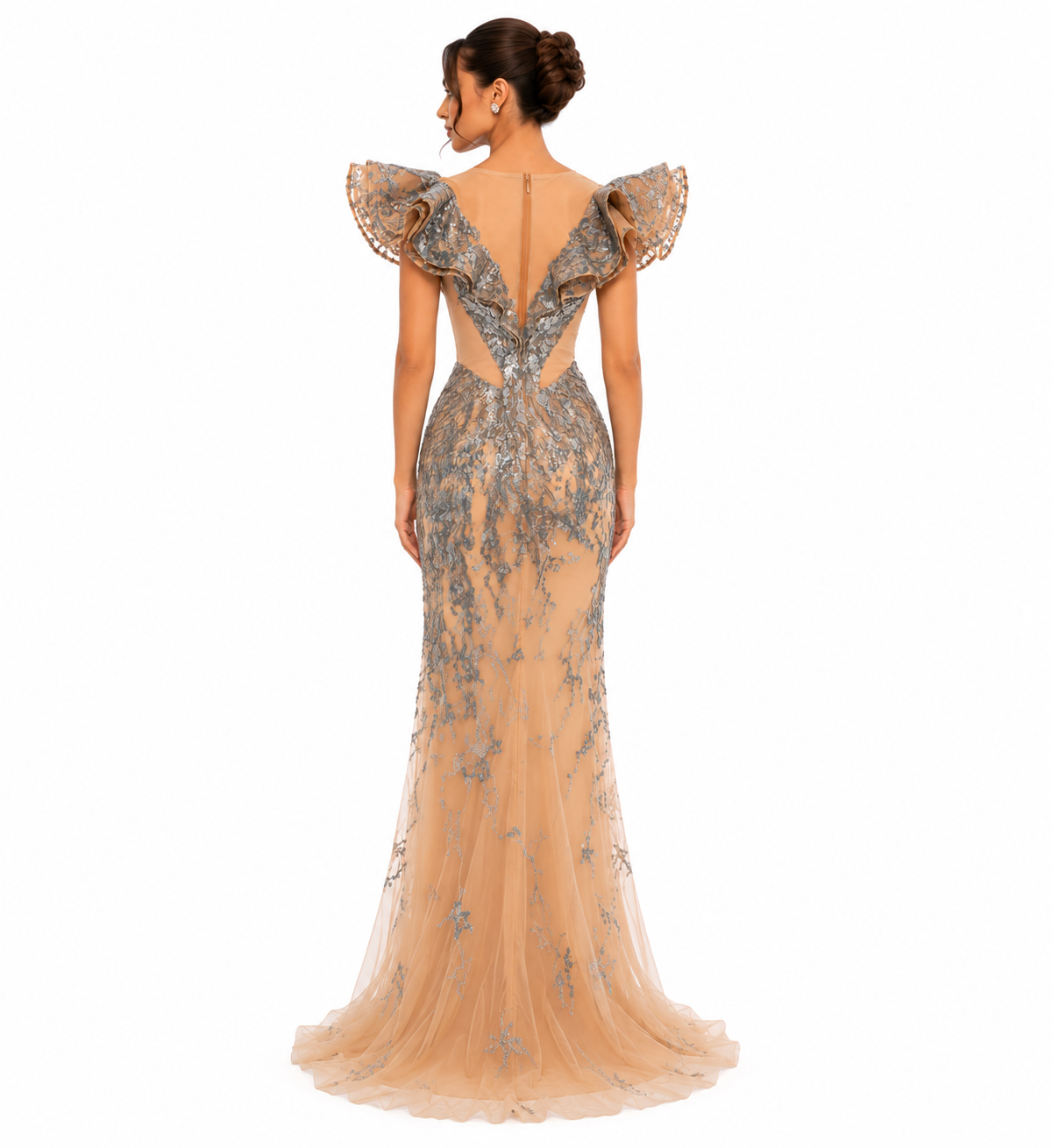RUFFLE EMBROIDERED GOWN