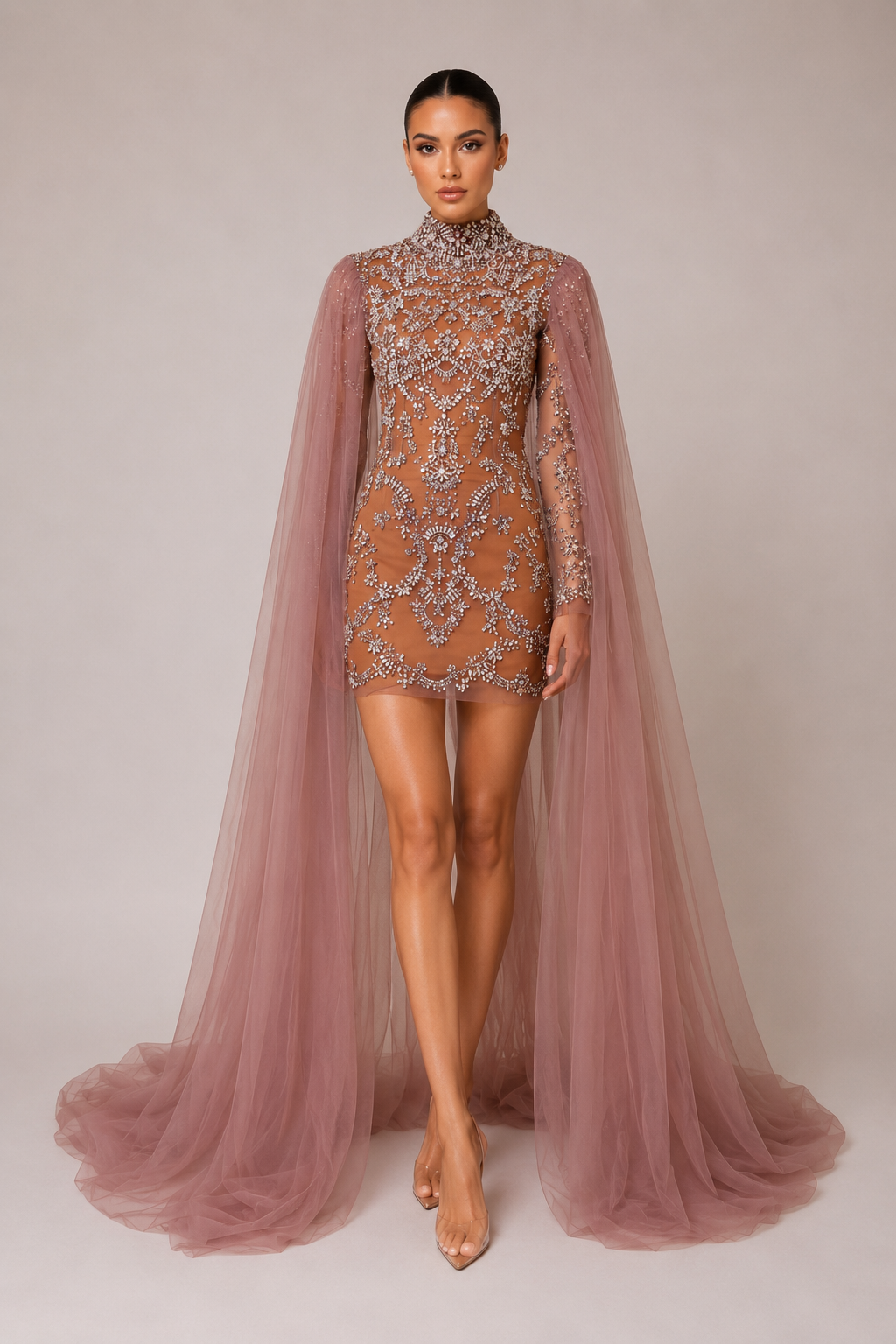 EMBELLISHED MINI DRESS WITH CAPE