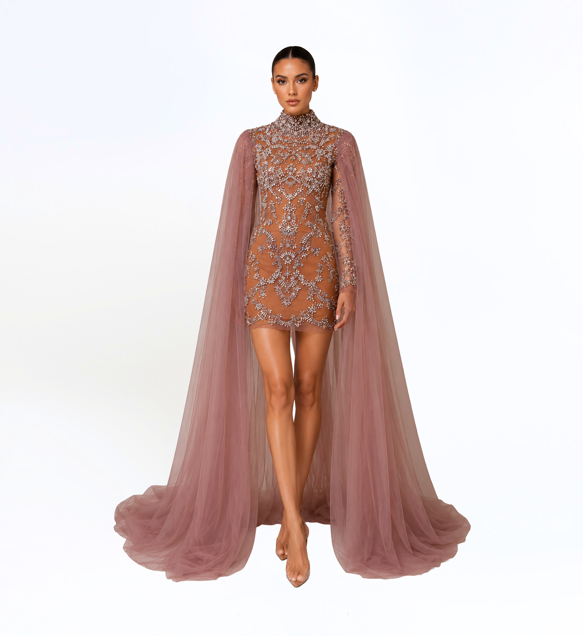 EMBELLISHED MINI DRESS WITH CAPE