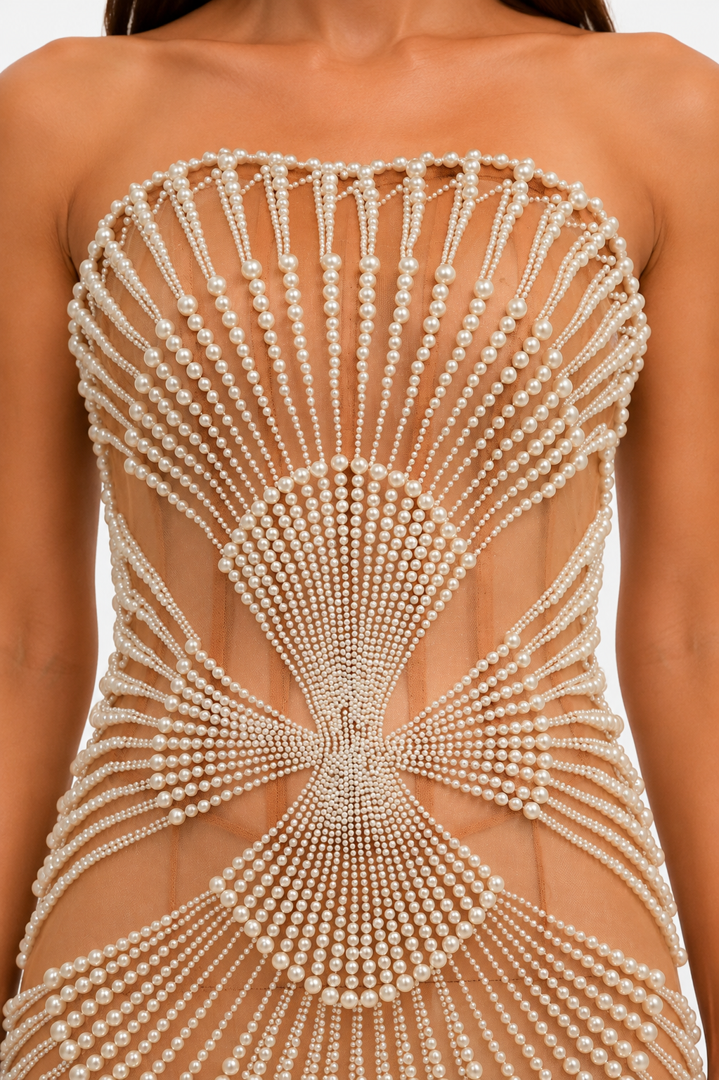NUDE STRAPLESS PEARL MIDI DRESS