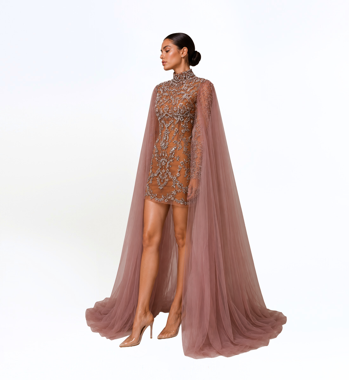 EMBELLISHED MINI DRESS WITH CAPE