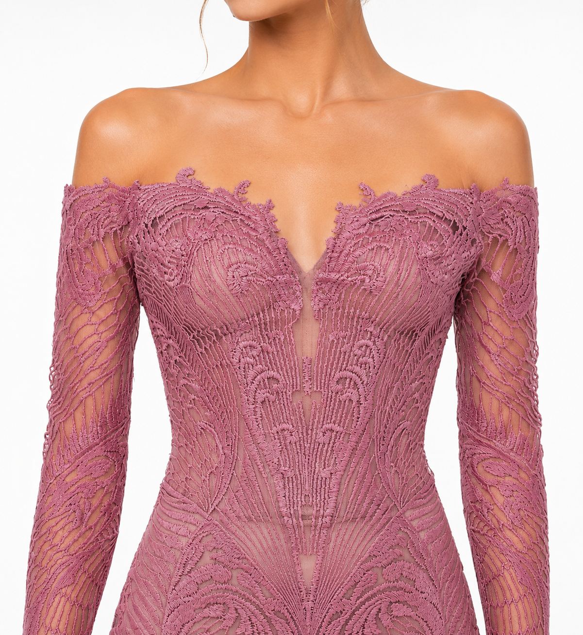 OFF-SHOULDER THREAD EMBROIDERED GOWN