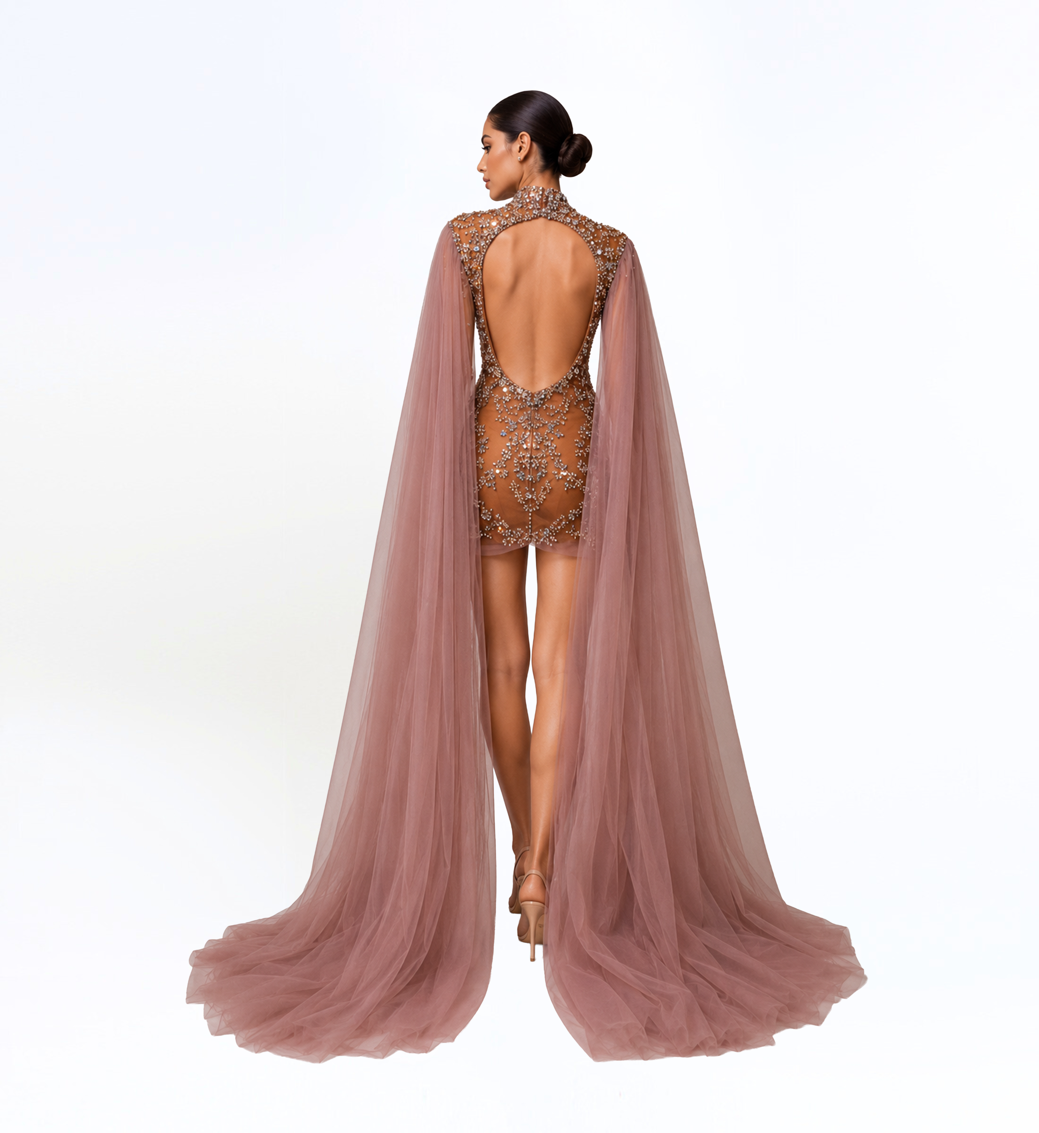 EMBELLISHED MINI DRESS WITH CAPE