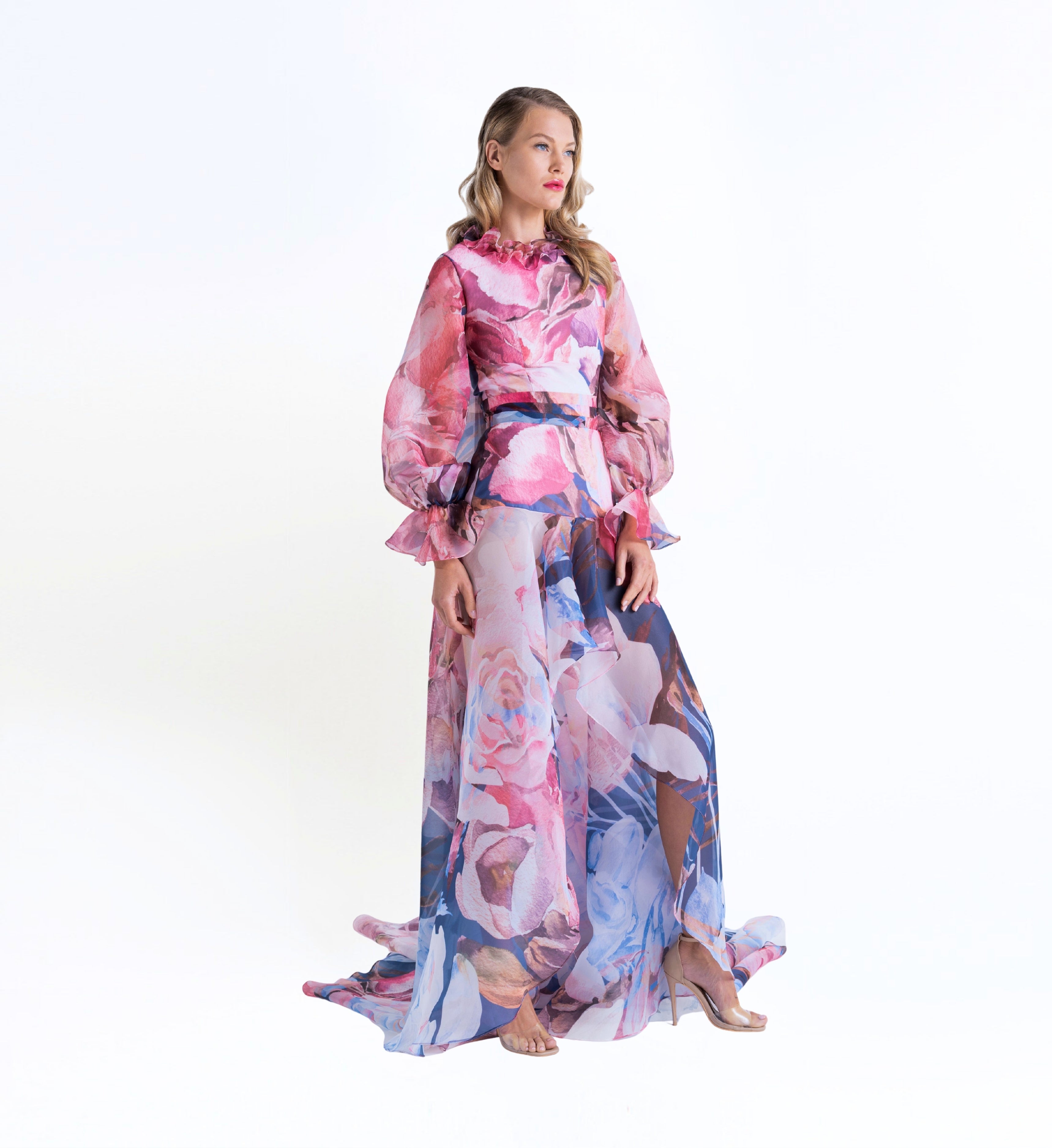 Long Puff Sleeve Asymmetric Floral Dress
