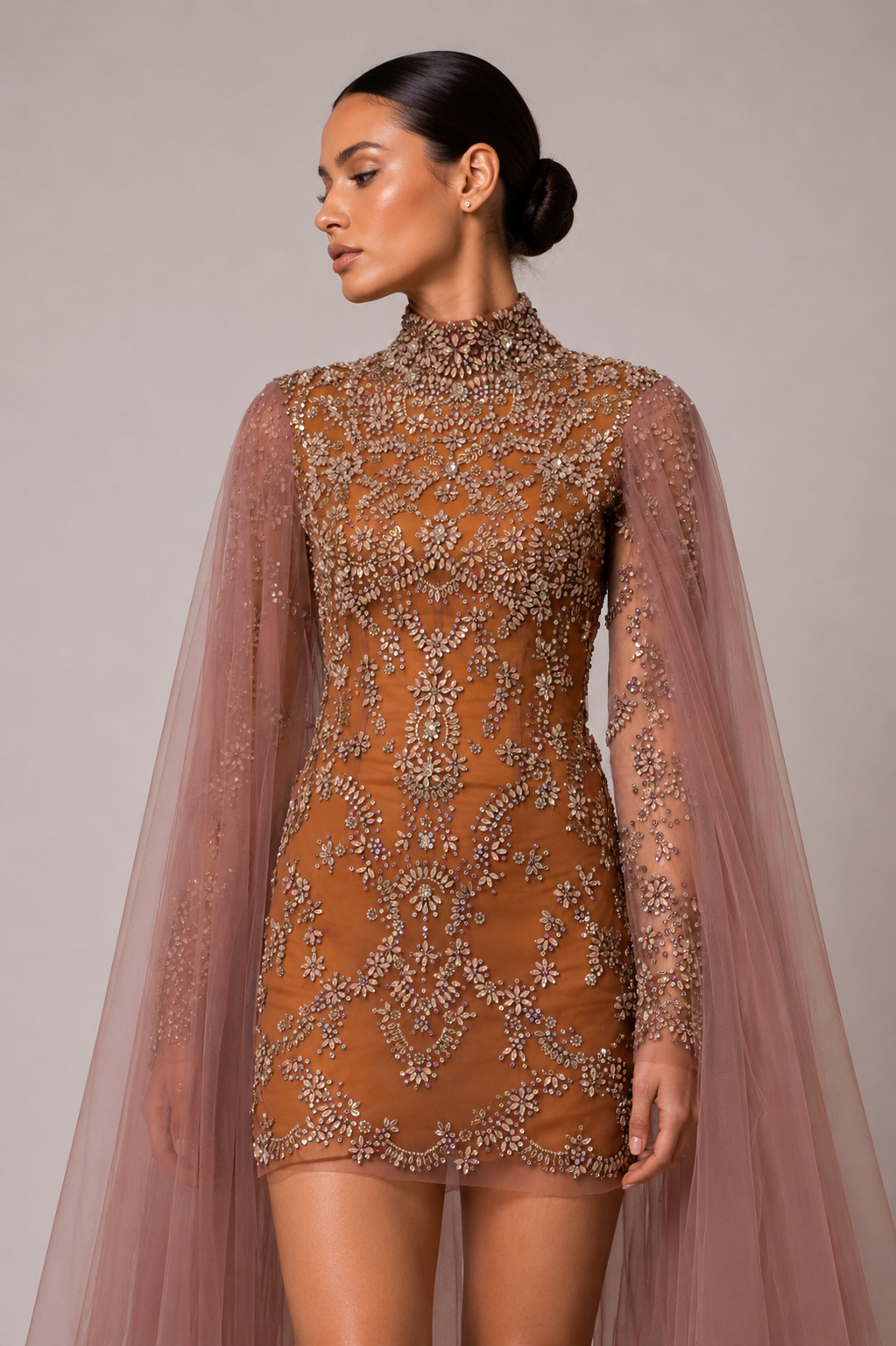 EMBELLISHED MINI DRESS WITH CAPE