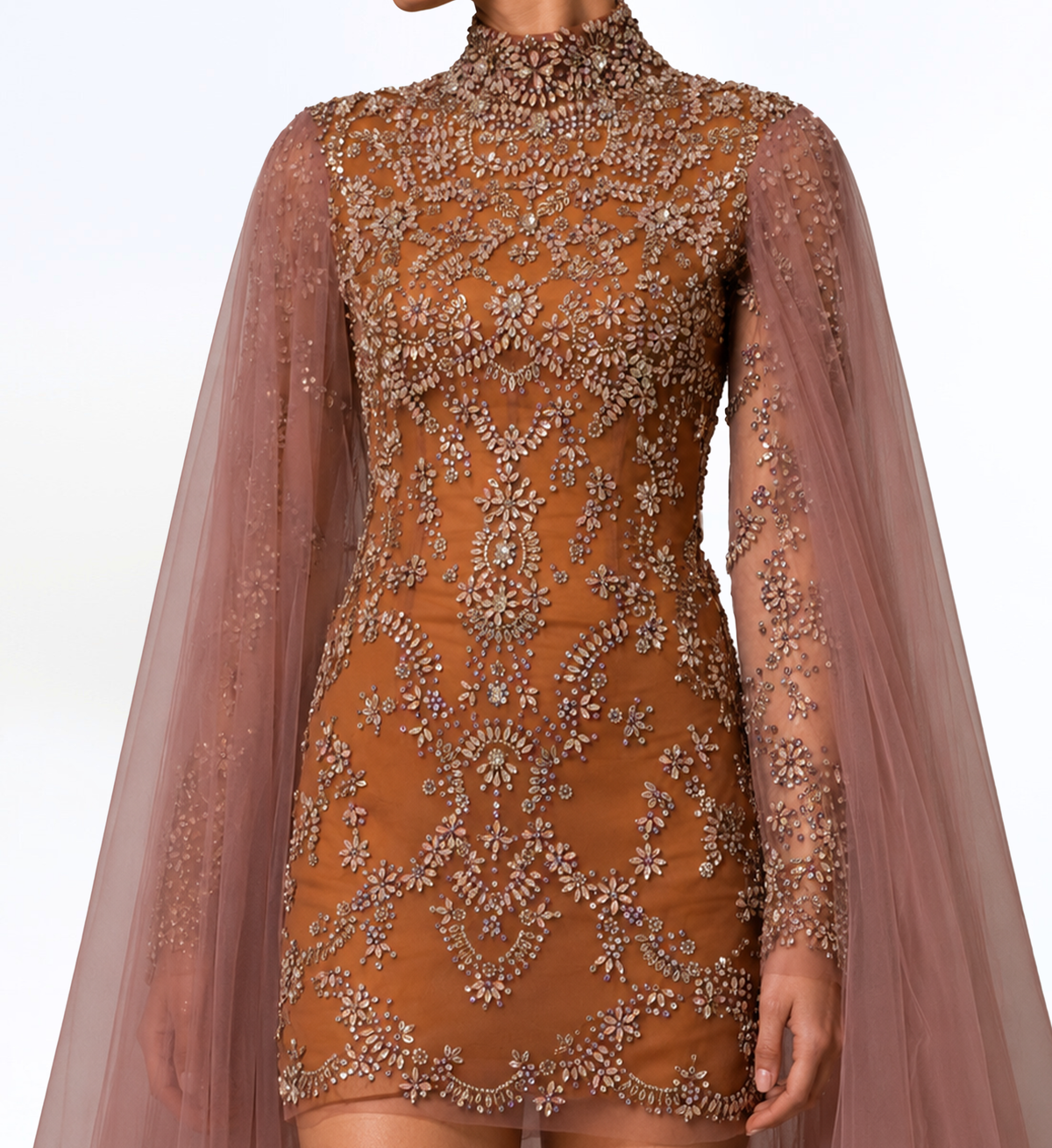 EMBELLISHED MINI DRESS WITH CAPE