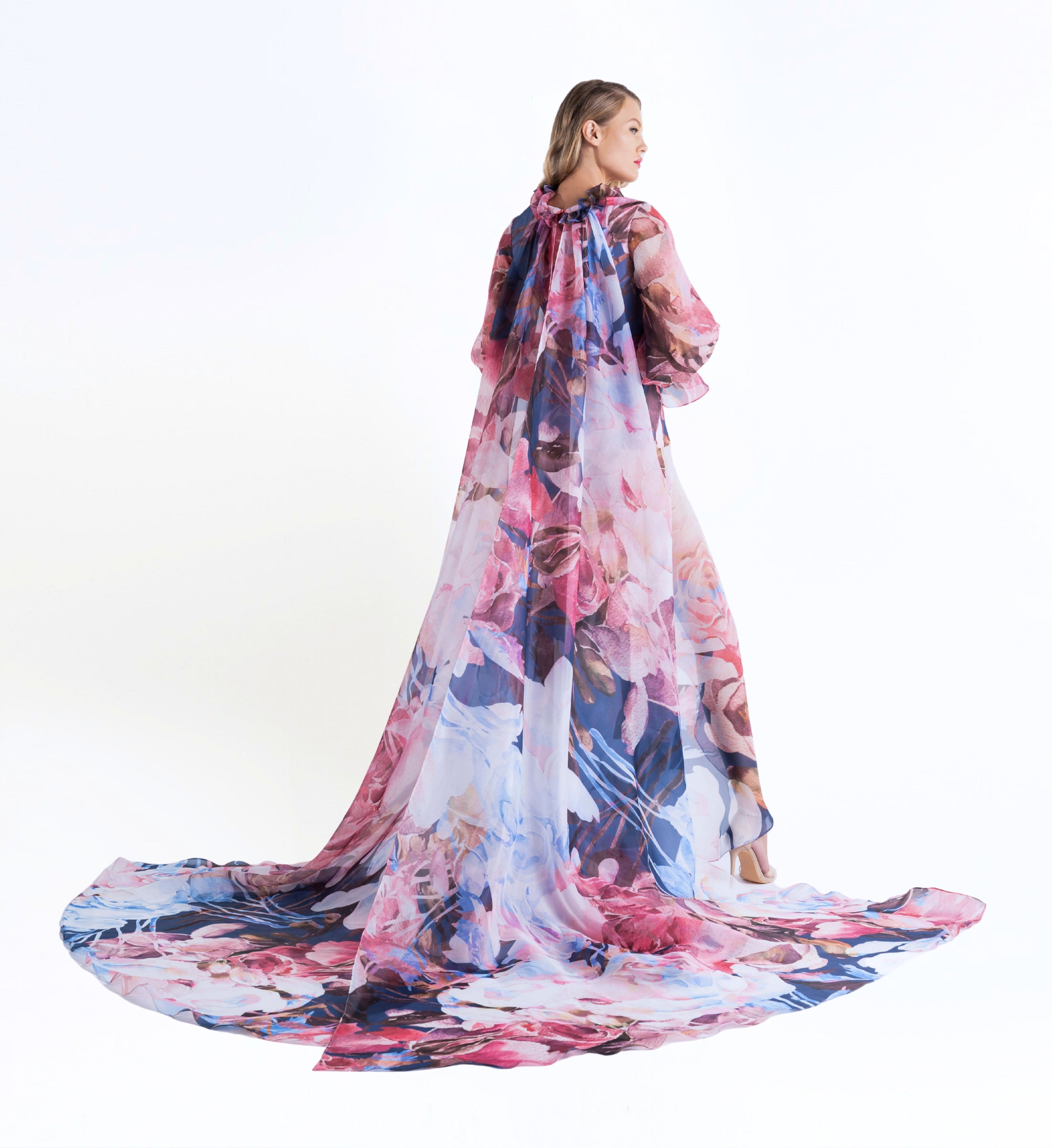 Long Puff Sleeve Asymmetric Floral Dress
