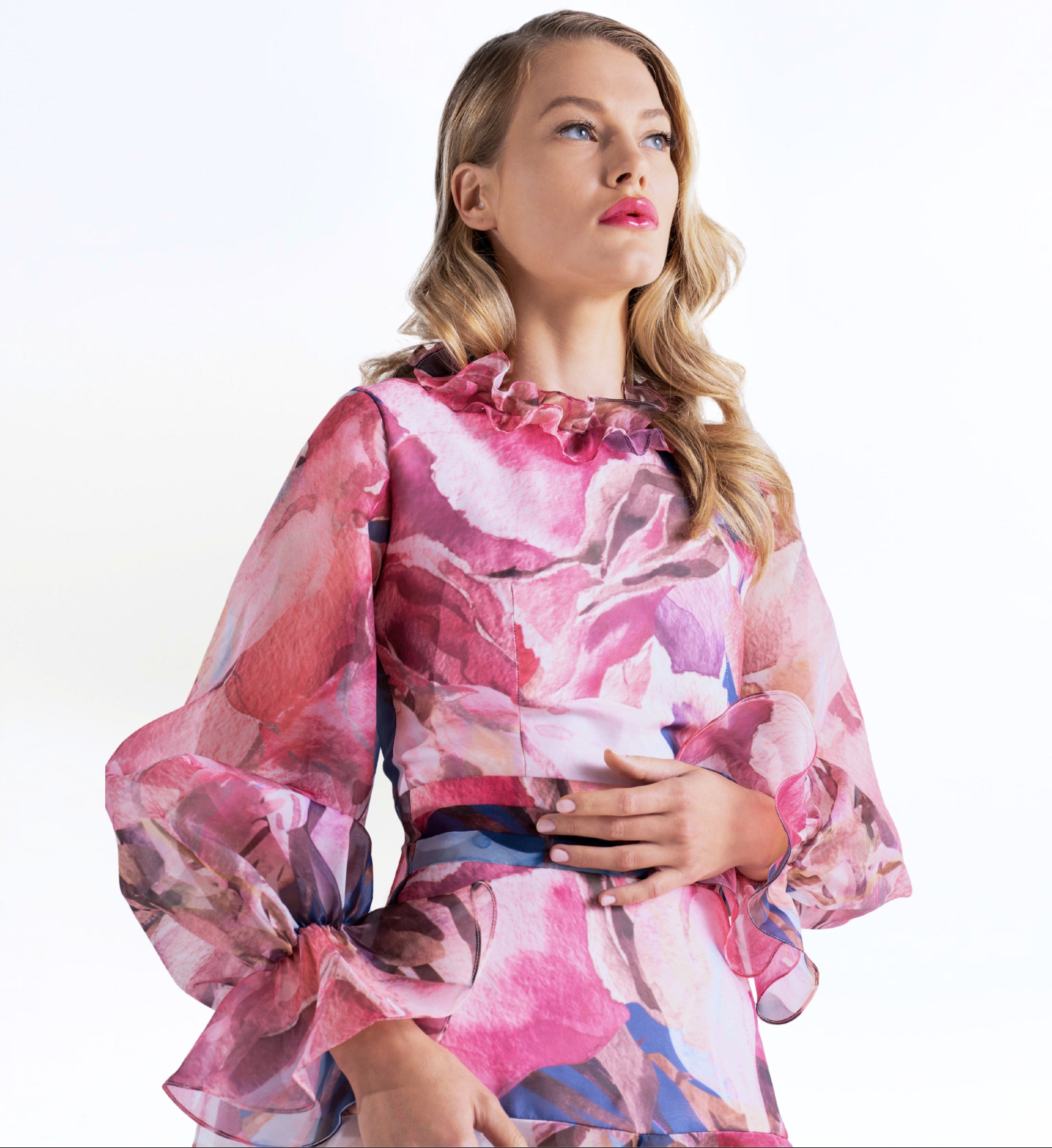 Long Puff Sleeve Asymmetric Floral Dress
