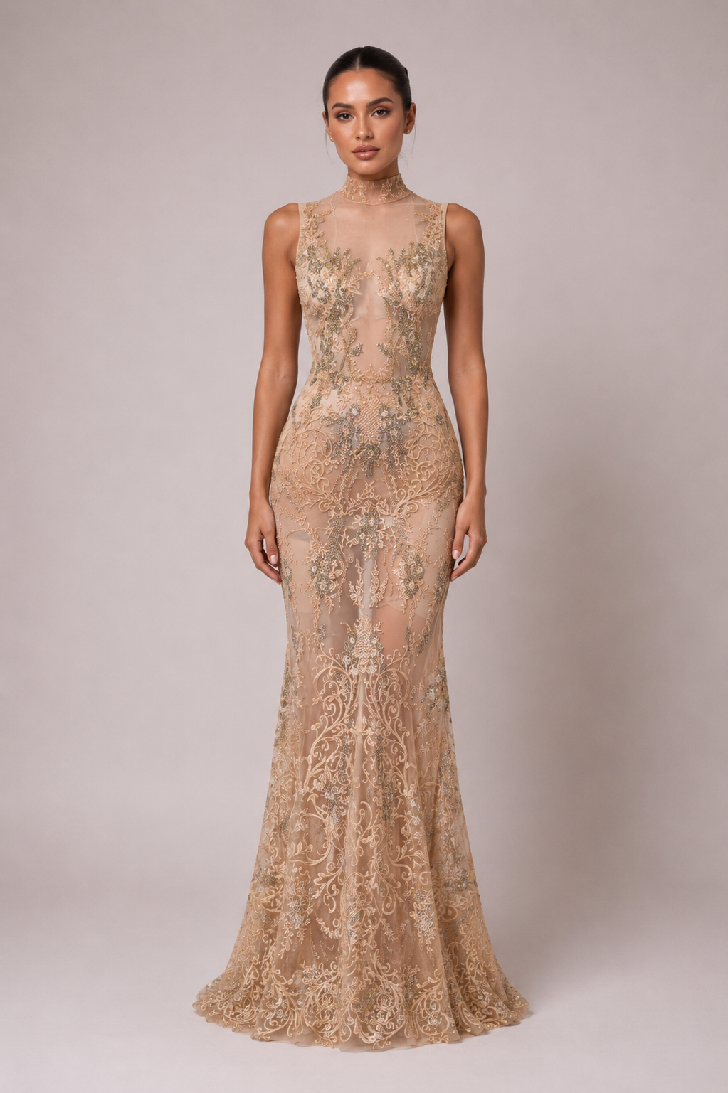 HIGH NECK THREAD EMBROIDERED GOWN