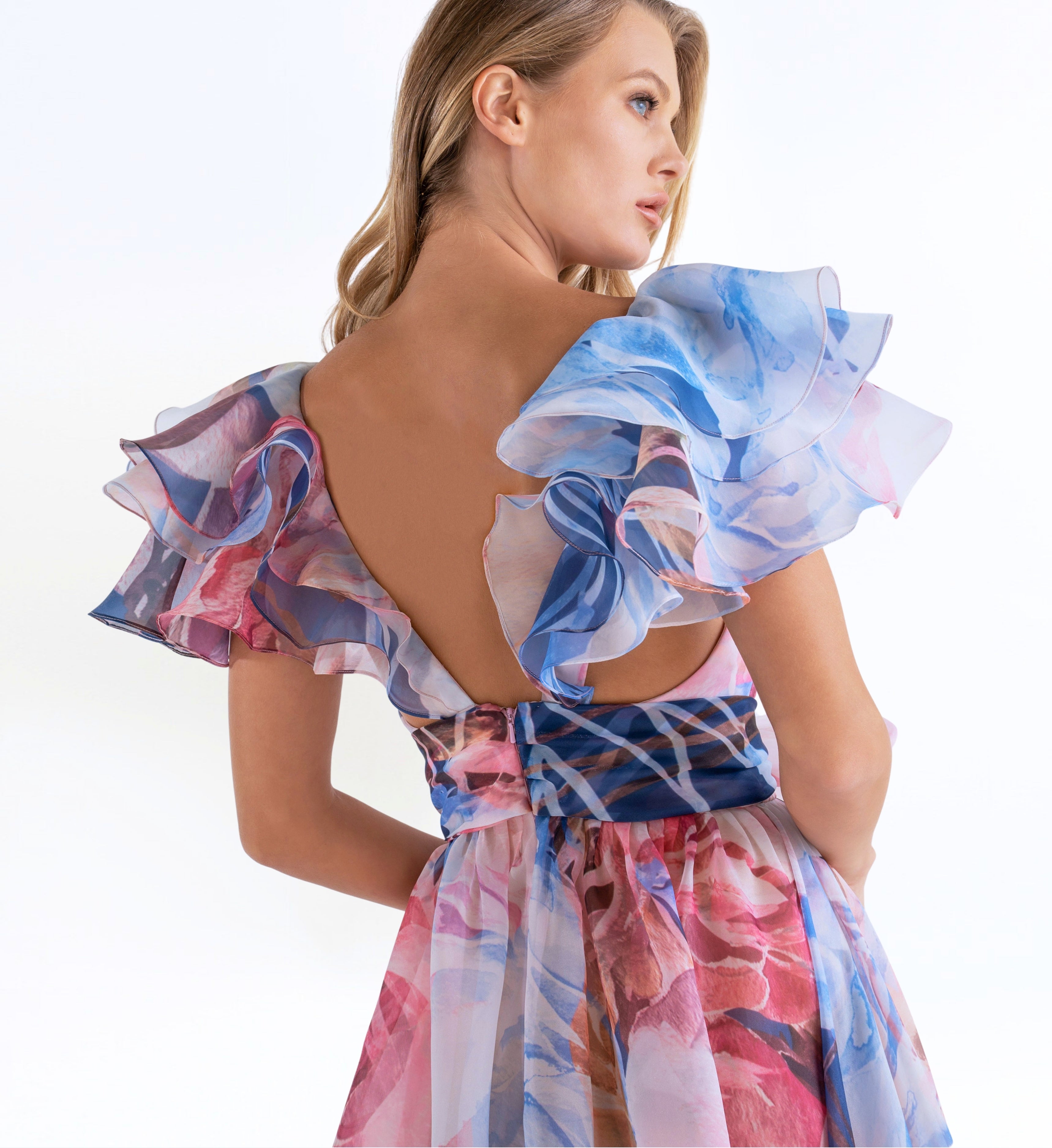 Ruffle- Sleeve Floral-Print Dress