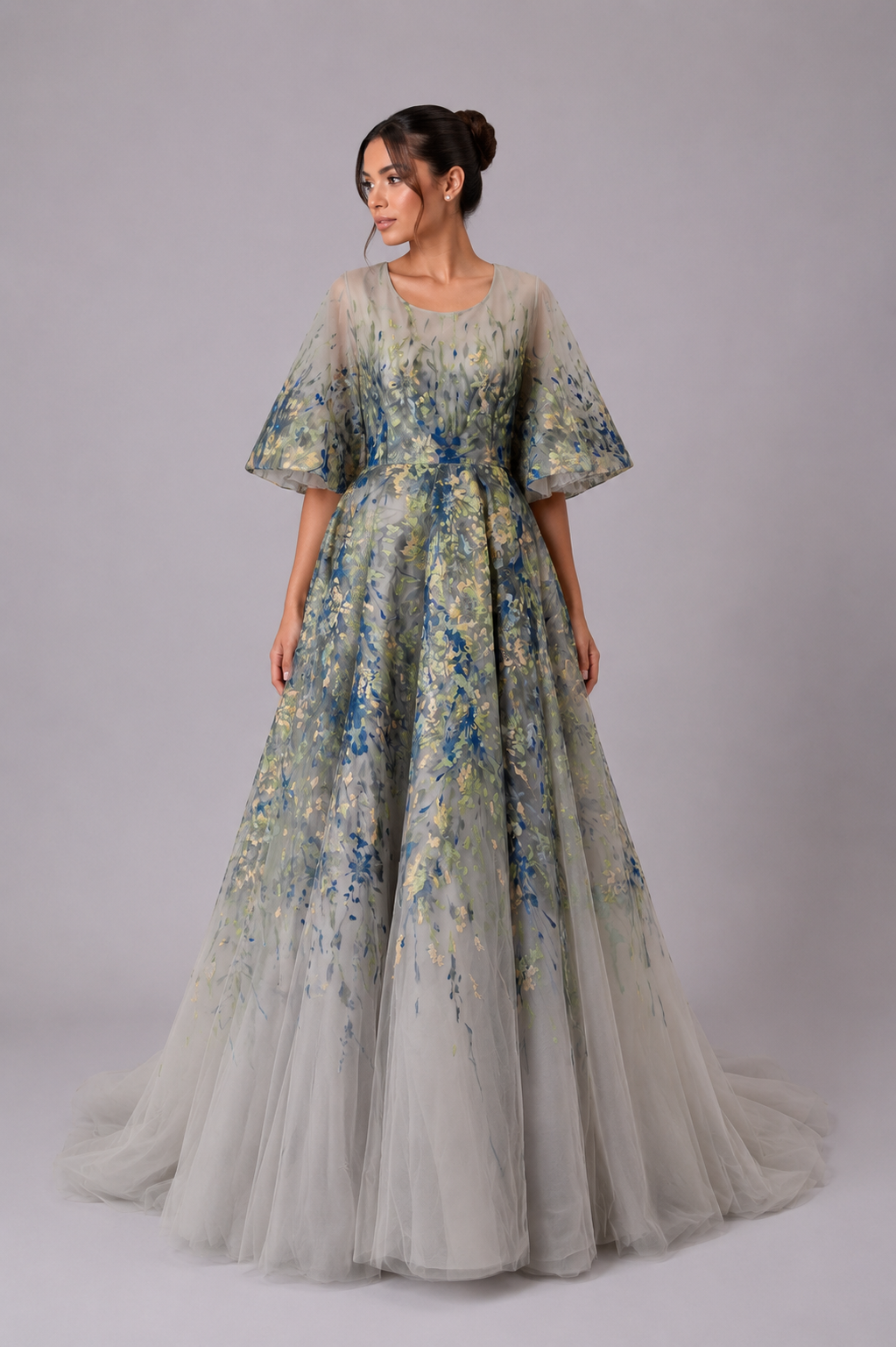 FLORAL TULLE EVENING GOWN