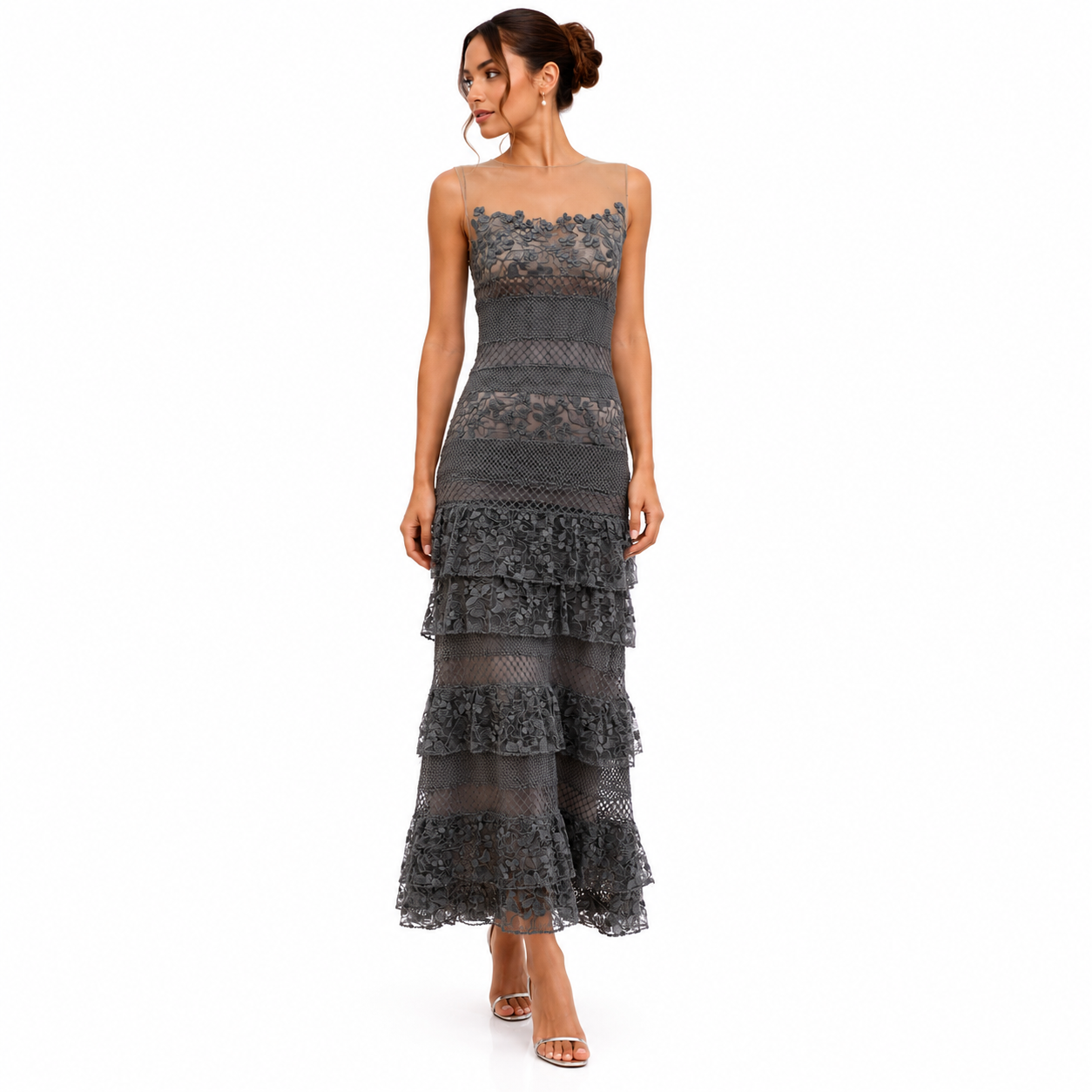 TIERED LACE MIDI DRESS